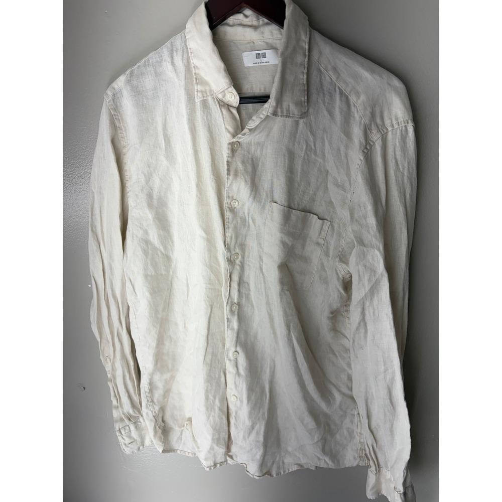 Uniqlo Mens Premium Linen Long Sleeve Button Down Shirt Cream Large 474504